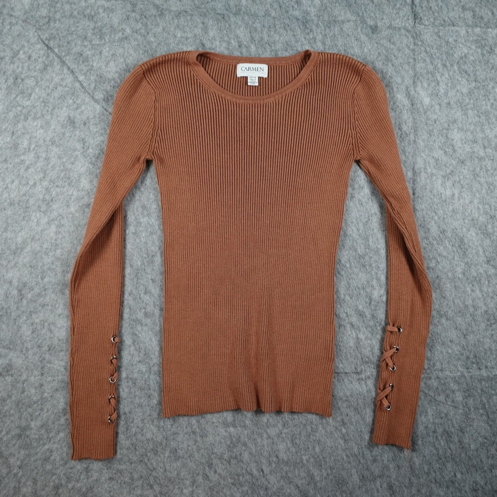 Carmen Marc Valvo Top Womens Extra Small Brown Ribbed Lace Up‎ Sleeve Round Neck